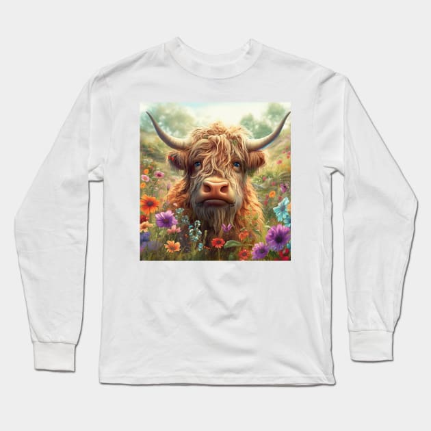 Highland Cow Long Sleeve T-Shirt by TooplesArt